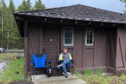 Our little cabin at Old Faithful Lodge-that white stuff is hail