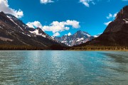 East Glacier peaks from a boat on the lake...