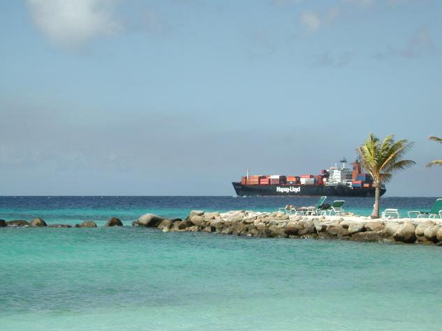 DSCN6766.JPG - on private beach island, container ship passing by....